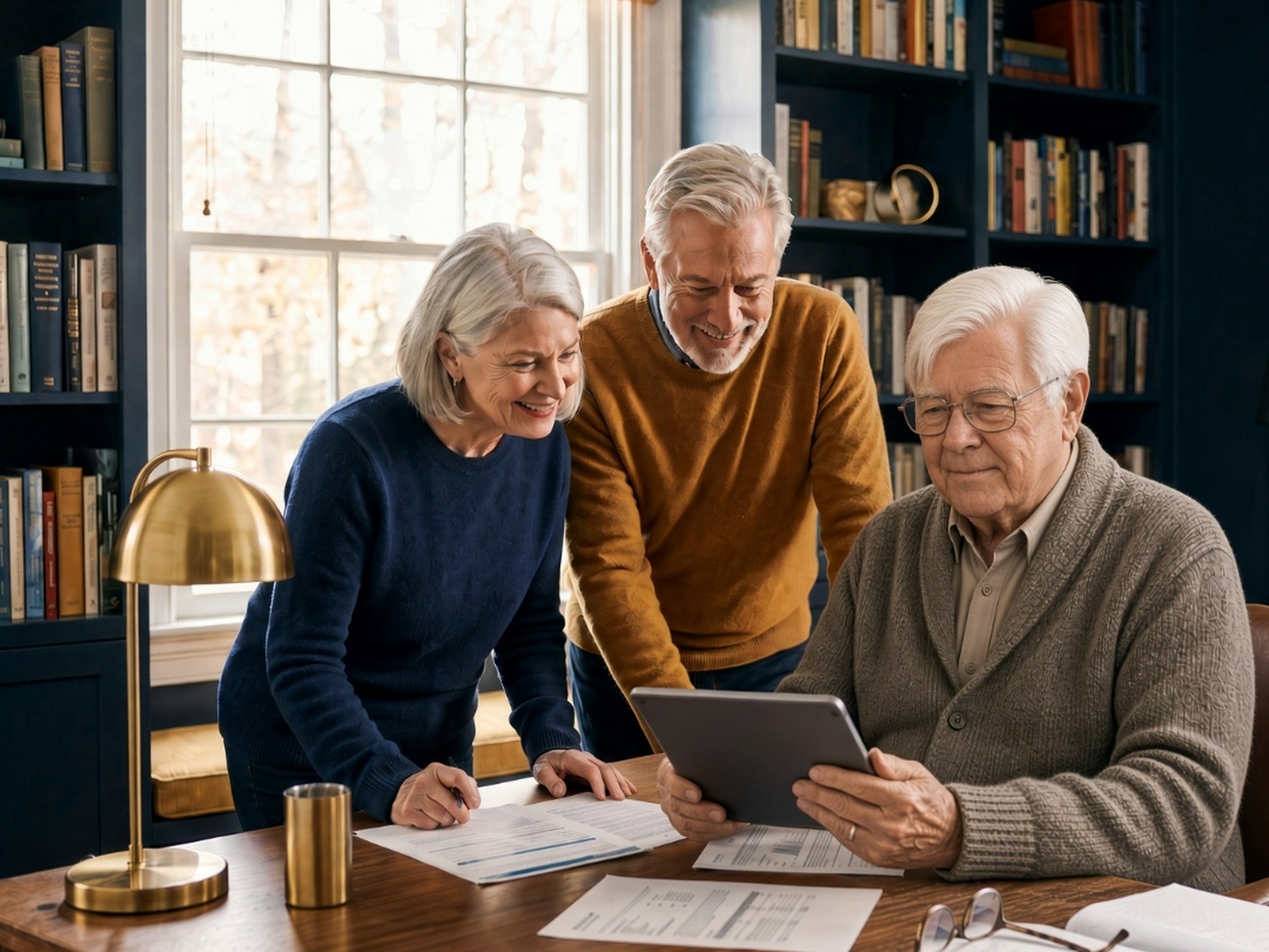 George Mellendorf reviewing long-term care insurance options on a tablet with a couple at their home office table